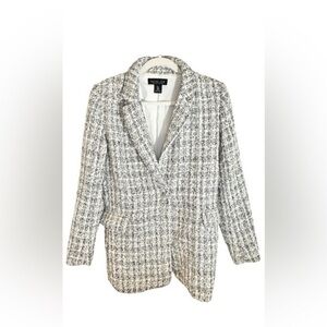 Rachel Zoe Tweed Tartan One Button Blazer Black White Cream Size 6